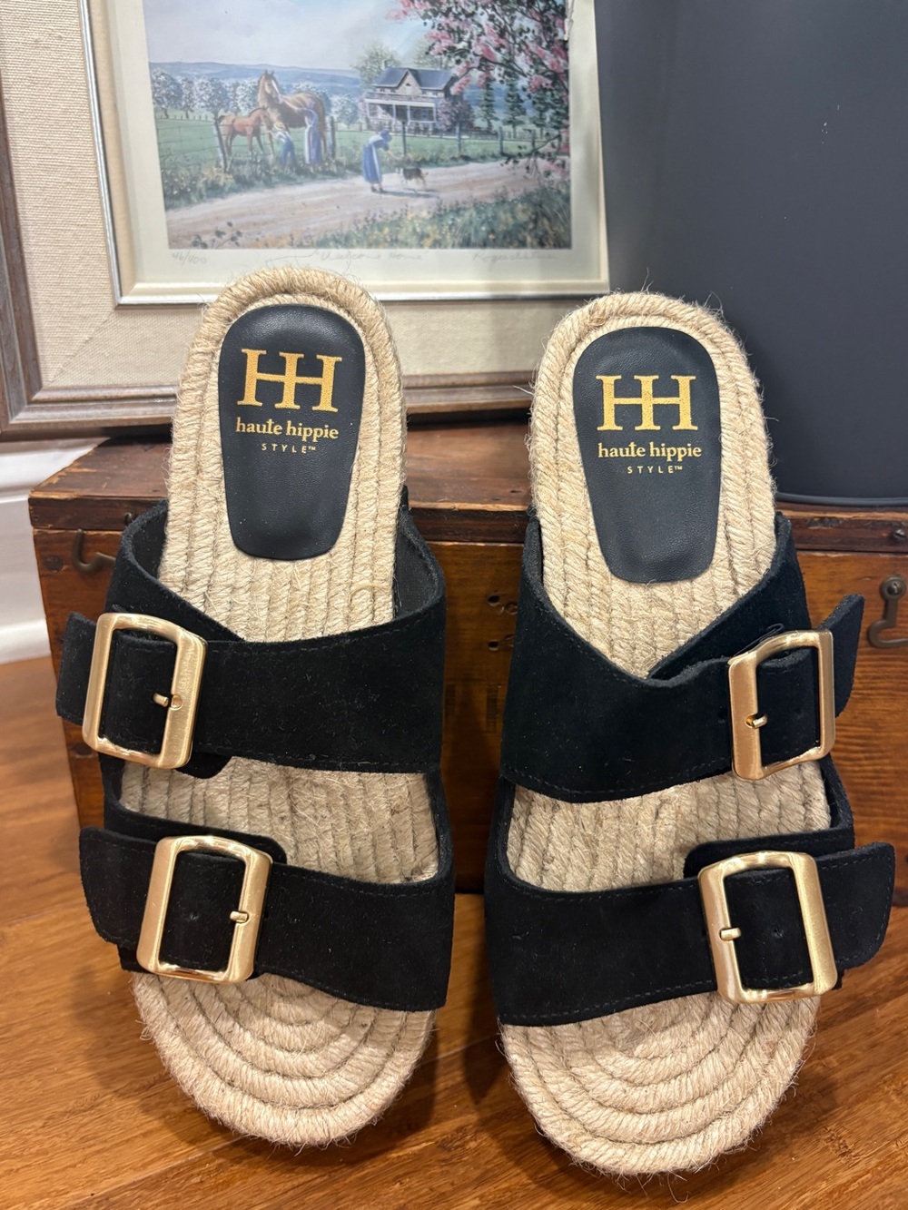 Haute Hippie Black Suede Leather Double Buckle Straw Espadrille Sole NWOT 7.5